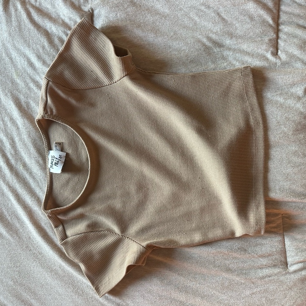 Tan Ribbed Short Sleeve Top